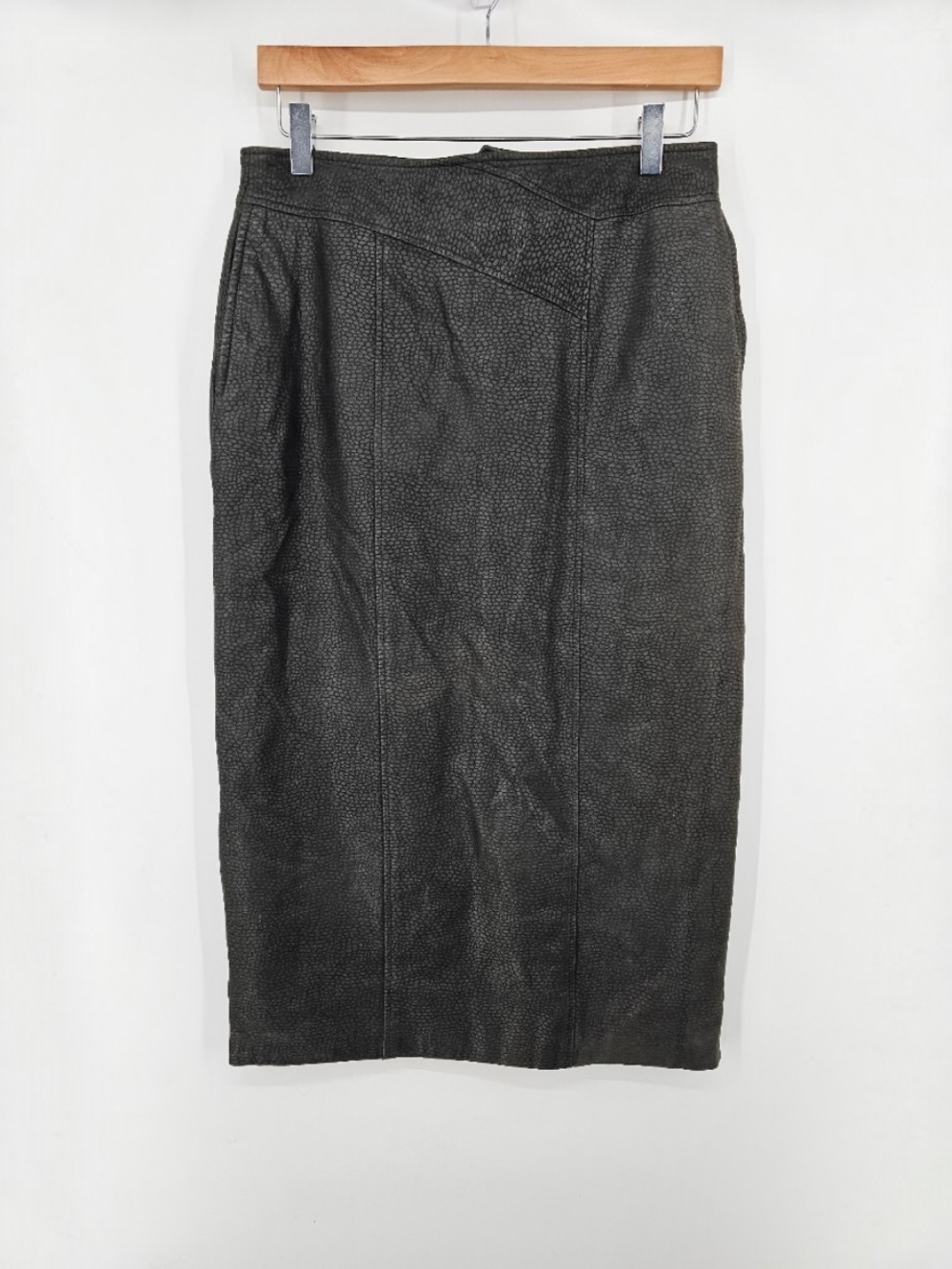 Vintage D'Linea Genuine Leather Textured Pencil Skirt Charcoal 13/14